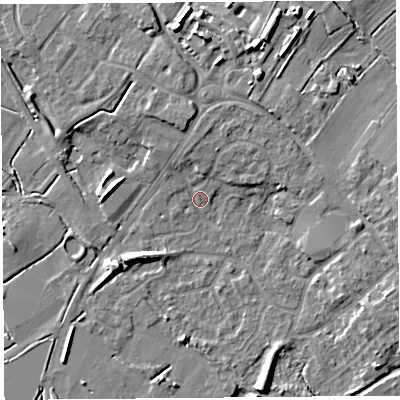 Shaded relief map of the ground around BS494JB, computed from Environment Agency LiDAR. The ground here sits at about 6 m above sea level and falls 8 m across the surrounding 800 m. Surface water reaching this point runs off ground lying to the south-west, 5.9 m higher.
