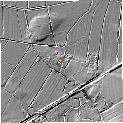 Shaded relief map of the ground around BS494PX, computed from Environment Agency LiDAR. The ground here sits at about 7 m above sea level and falls 11 m across the surrounding 800 m. Surface water reaching this point runs off ground lying to the west-north-west, 0.9 m higher.