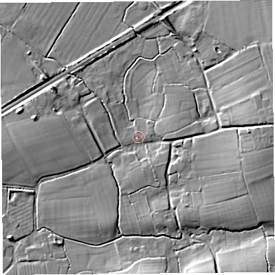 Shaded relief map of the ground around BS494PZ, computed from Environment Agency LiDAR. The ground here sits at about 7 m above sea level and falls 14 m across the surrounding 800 m. Surface water reaching this point runs off ground lying to the east, 10.7 m higher.