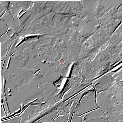 Shaded relief map of the ground around BS494QF, computed from Environment Agency LiDAR. The ground here sits at about 6 m above sea level and falls 9 m across the surrounding 800 m. Surface water reaching this point runs off ground lying to the south-south-east, 6.5 m higher.