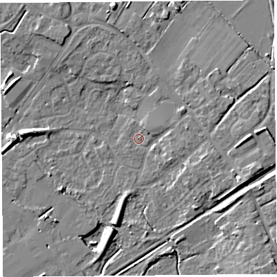 Shaded relief map of the ground around BS494QG, computed from Environment Agency LiDAR. The ground here sits at about 6 m above sea level and falls 9 m across the surrounding 800 m. Surface water reaching this point runs off ground lying to the east-north-east, 2.5 m higher.