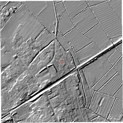 Shaded relief map of the ground around BS494QH, computed from Environment Agency LiDAR. The ground here sits at about 8 m above sea level and falls 8 m across the surrounding 800 m. Surface water reaching this point runs off ground lying to the west-south-west, 4.6 m higher.