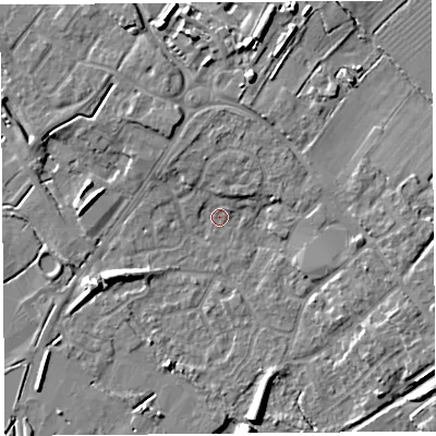Shaded relief map of the ground around BS494QJ, computed from Environment Agency LiDAR. The ground here sits at about 6 m above sea level and falls 9 m across the surrounding 800 m. Surface water reaching this point runs off ground lying to the north-north-east, 3.7 m higher.