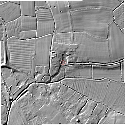 Shaded relief map of the ground around BS494QL, computed from Environment Agency LiDAR. The ground here sits at about 6 m above sea level and falls 10 m across the surrounding 800 m. Surface water reaching this point runs off ground lying to the west-north-west, 3.7 m higher.
