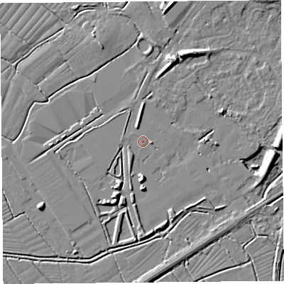 Shaded relief map of the ground around BS494QN, computed from Environment Agency LiDAR. The ground here sits at about 6 m above sea level and falls 9 m across the surrounding 800 m. Surface water reaching this point runs off ground lying to the south-west, 1.3 m higher.