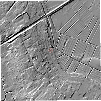 Shaded relief map of the ground around BS494QX, computed from Environment Agency LiDAR. The ground here sits at about 7 m above sea level and falls 10 m across the surrounding 800 m. Surface water reaching this point runs off ground lying to the west-south-west, 4.3 m higher.