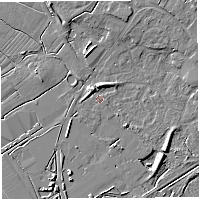 Shaded relief map of the ground around BS494RA, computed from Environment Agency LiDAR. The ground here sits at about 6 m above sea level and falls 9 m across the surrounding 800 m. Surface water reaching this point runs off ground lying to the north-east, 0.9 m higher.