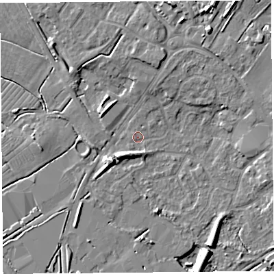 Shaded relief map of the ground around BS494RE, computed from Environment Agency LiDAR. The ground here sits at about 6 m above sea level and falls 9 m across the surrounding 800 m. Surface water reaching this point runs off ground lying to the south-west, 5.9 m higher.