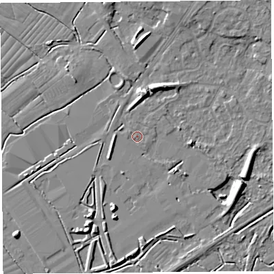 Shaded relief map of the ground around BS494RH, computed from Environment Agency LiDAR. The ground here sits at about 6 m above sea level and falls 9 m across the surrounding 800 m. Surface water reaching this point runs off ground lying to the west-north-west, 0.8 m higher.