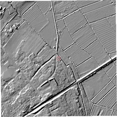 Shaded relief map of the ground around BS494RN, computed from Environment Agency LiDAR. The ground here sits at about 7 m above sea level and falls 8 m across the surrounding 800 m. Surface water reaching this point runs off ground lying to the south-south-west, 7.4 m higher.