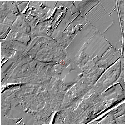 Shaded relief map of the ground around BS494RQ, computed from Environment Agency LiDAR. The ground here sits at about 9 m above sea level and falls 8 m across the surrounding 800 m. Surface water reaching this point runs off ground lying to the north, 0.5 m higher.