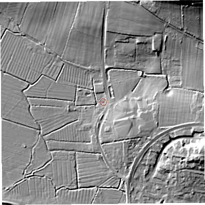 Shaded relief map of the ground around BS495AA, computed from Environment Agency LiDAR. The ground here sits at about 7 m above sea level and falls 31 m across the surrounding 800 m. Surface water reaching this point runs off ground lying to the south-east, 6.3 m higher.