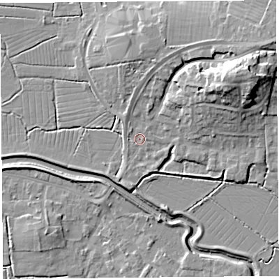 Shaded relief map of the ground around BS495BA, computed from Environment Agency LiDAR. The ground here sits at about 7 m above sea level and falls 19 m across the surrounding 800 m. Surface water reaching this point runs off ground lying to the north-east, 17.5 m higher.