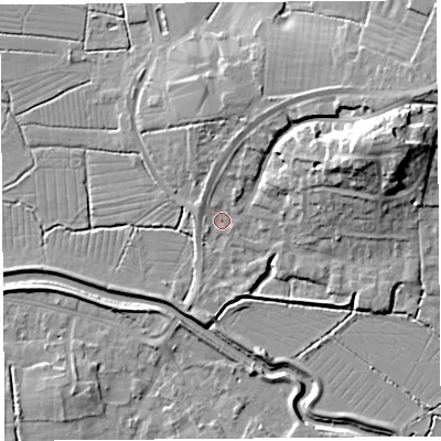 Shaded relief map of the ground around BS495BB, computed from Environment Agency LiDAR. The ground here sits at about 7 m above sea level and falls 19 m across the surrounding 800 m. Surface water reaching this point runs off ground lying to the east-north-east, 17.5 m higher.