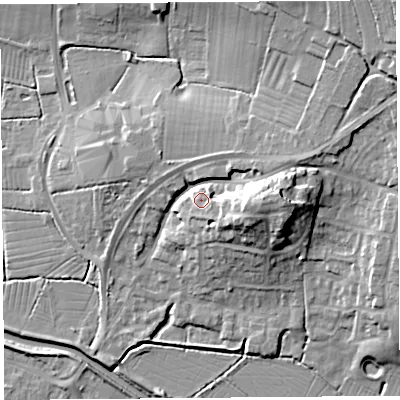 Shaded relief map of the ground around BS495BD, computed from Environment Agency LiDAR. The ground here sits at about 15 m above sea level and falls 21 m across the surrounding 800 m. Surface water reaching this point runs off ground lying to the east, 7.0 m higher.