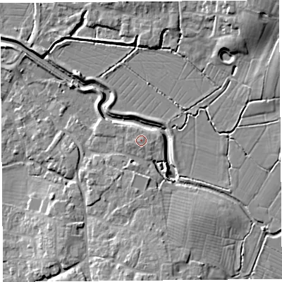 Shaded relief map of the ground around BS495BF, computed from Environment Agency LiDAR. The ground here sits at about 9 m above sea level and falls 12 m across the surrounding 800 m. Surface water reaching this point runs off ground lying to the south-west, 0.6 m higher.