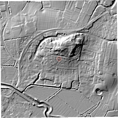 Shaded relief map of the ground around BS495BP, computed from Environment Agency LiDAR. The ground here sits at about 13 m above sea level and falls 19 m across the surrounding 800 m. Surface water reaching this point runs off ground lying to the north-north-east, 7.4 m higher.