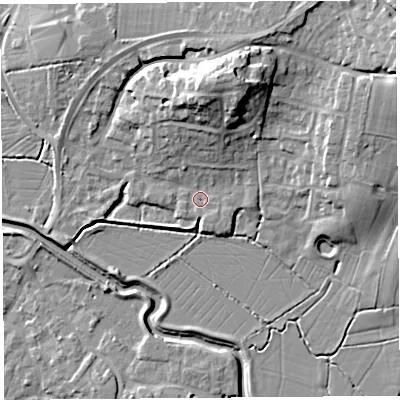 Shaded relief map of the ground around BS495BU, computed from Environment Agency LiDAR. The ground here sits at about 8 m above sea level and falls 18 m across the surrounding 800 m. Surface water reaching this point runs off ground lying to the north-north-east, 15.1 m higher.