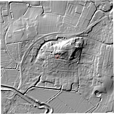 Shaded relief map of the ground around BS495BW, computed from Environment Agency LiDAR. The ground here sits at about 16 m above sea level and falls 20 m across the surrounding 800 m. Surface water reaching this point runs off ground lying to the north-east, 7.7 m higher.