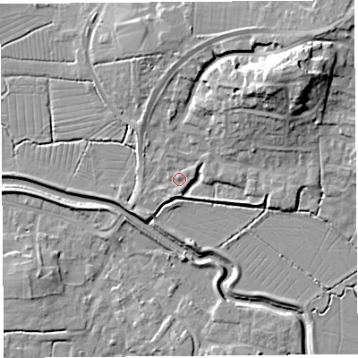 Shaded relief map of the ground around BS495BX, computed from Environment Agency LiDAR. The ground here sits at about 8 m above sea level and falls 19 m across the surrounding 800 m. Surface water reaching this point runs off ground lying to the north-east, 17.3 m higher.