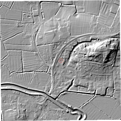 Shaded relief map of the ground around BS495BY, computed from Environment Agency LiDAR. The ground here sits at about 8 m above sea level and falls 19 m across the surrounding 800 m. Surface water reaching this point runs off ground lying to the north-east, 4.0 m higher.
