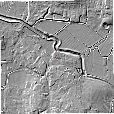 Shaded relief map of the ground around BS495DD, computed from Environment Agency LiDAR. The ground here sits at about 8 m above sea level and falls 12 m across the surrounding 800 m. Surface water reaching this point runs off ground lying to the south-south-east, 1.1 m higher.