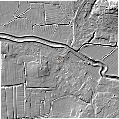 Shaded relief map of the ground around BS495DF, computed from Environment Agency LiDAR. The ground here sits at about 6 m above sea level and falls 18 m across the surrounding 800 m. Surface water reaching this point runs off ground lying to the west-south-west, 3.7 m higher.