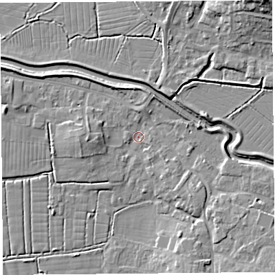 Shaded relief map of the ground around BS495DG, computed from Environment Agency LiDAR. The ground here sits at about 6 m above sea level and falls 16 m across the surrounding 800 m. Surface water reaching this point runs off ground lying to the south-east, 4.9 m higher.