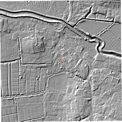 Shaded relief map of the ground around BS495DH, computed from Environment Agency LiDAR. The ground here sits at about 6 m above sea level and falls 9 m across the surrounding 800 m. Surface water reaching this point runs off ground lying to the east-south-east, 2.4 m higher.