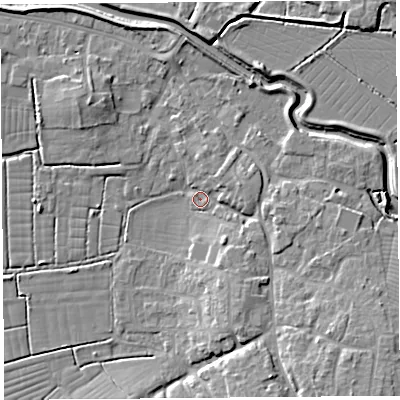 Shaded relief map of the ground around BS495DJ, computed from Environment Agency LiDAR. The ground here sits at about 6 m above sea level and falls 10 m across the surrounding 800 m. Surface water reaching this point runs off ground lying to the south-east, 8.5 m higher.