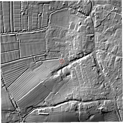 Shaded relief map of the ground around BS495DN, computed from Environment Agency LiDAR. The ground here sits at about 6 m above sea level and falls 10 m across the surrounding 800 m. Surface water reaching this point runs off ground lying to the east, 8.8 m higher.