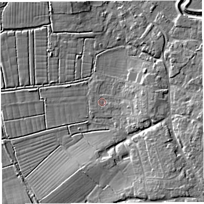 Shaded relief map of the ground around BS495DP, computed from Environment Agency LiDAR. The ground here sits at about 5 m above sea level and falls 10 m across the surrounding 800 m. Surface water reaching this point runs off ground lying to the east-south-east, 5.1 m higher.