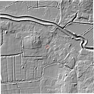 Shaded relief map of the ground around BS495DQ, computed from Environment Agency LiDAR. The ground here sits at about 6 m above sea level and falls 10 m across the surrounding 800 m. Surface water reaching this point runs off ground lying to the west-north-west, 3.5 m higher.