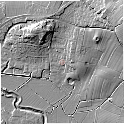 Shaded relief map of the ground around BS495DS, computed from Environment Agency LiDAR. The ground here sits at about 12 m above sea level and falls 29 m across the surrounding 800 m. Surface water reaching this point runs off ground lying to the north-east, 5.8 m higher.