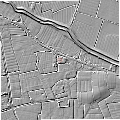 Shaded relief map of the ground around BS495DT, computed from Environment Agency LiDAR. The ground here sits at about 7 m above sea level and falls 5 m across the surrounding 800 m. Surface water reaching this point runs off ground lying to the east, 1.9 m higher.