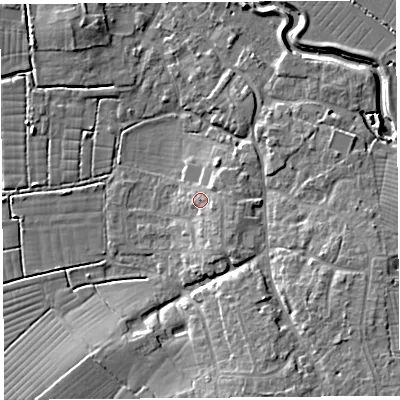 Shaded relief map of the ground around BS495DW, computed from Environment Agency LiDAR. The ground here sits at about 8 m above sea level and falls 11 m across the surrounding 800 m. Surface water reaching this point runs off ground lying to the south-east, 2.9 m higher.
