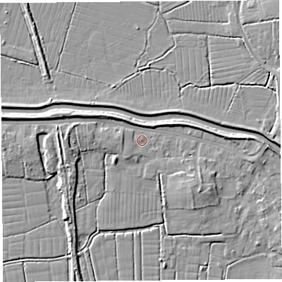 Shaded relief map of the ground around BS495DX, computed from Environment Agency LiDAR. The ground here sits at about 6 m above sea level and falls 8 m across the surrounding 800 m. Surface water reaching this point runs off ground lying to the west-north-west, 4.0 m higher.