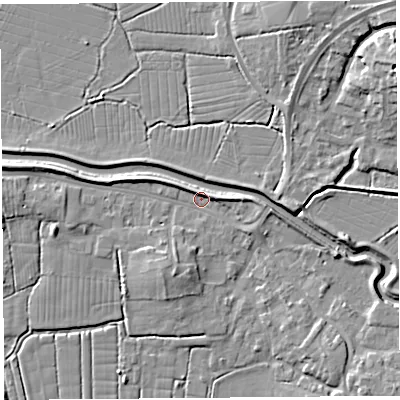 Shaded relief map of the ground around BS495DY, computed from Environment Agency LiDAR. The ground here sits at about 6 m above sea level and falls 12 m across the surrounding 800 m. Surface water reaching this point runs off ground lying to the south-south-west, 3.5 m higher.