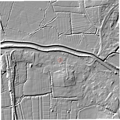 Shaded relief map of the ground around BS495DZ, computed from Environment Agency LiDAR. The ground here sits at about 6 m above sea level and falls 9 m across the surrounding 800 m. Surface water reaching this point runs off ground lying to the south-south-east, 3.9 m higher.