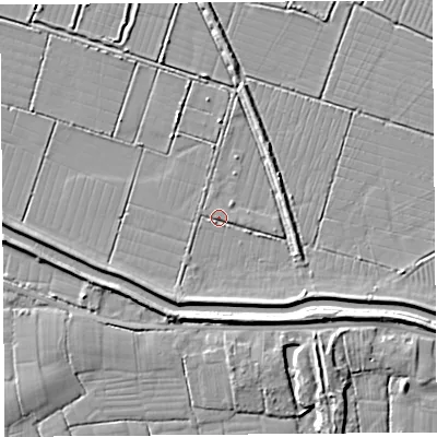 Shaded relief map of the ground around BS495EB, computed from Environment Agency LiDAR. The ground here sits at about 6 m above sea level and falls 5 m across the surrounding 800 m. Surface water reaching this point runs off ground lying to the south-east, 2.7 m higher.