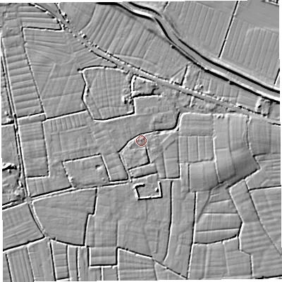 Shaded relief map of the ground around BS495ED, computed from Environment Agency LiDAR. The ground here sits at about 6 m above sea level and falls 5 m across the surrounding 800 m. Surface water reaching this point runs off ground lying to the east, 2.6 m higher.
