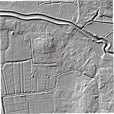 Shaded relief map of the ground around BS495EN, computed from Environment Agency LiDAR. The ground here sits at about 6 m above sea level and falls 8 m across the surrounding 800 m. Surface water reaching this point runs off ground lying to the west, 1.0 m higher.