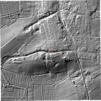 Shaded relief map of the ground around BS495EY, computed from Environment Agency LiDAR. The ground here sits at about 12 m above sea level and falls 11 m across the surrounding 800 m. Surface water reaching this point runs off ground lying to the east-south-east, 2.5 m higher.