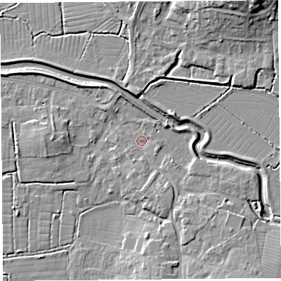 Shaded relief map of the ground around BS495JA, computed from Environment Agency LiDAR. The ground here sits at about 6 m above sea level and falls 16 m across the surrounding 800 m. Surface water reaching this point runs off ground lying to the south-east, 4.4 m higher.