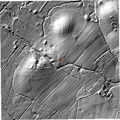 Shaded relief map of the ground around BS495JX, computed from Environment Agency LiDAR. The ground here sits at about 13 m above sea level and falls 16 m across the surrounding 800 m. The ground contributing surface water to this point lies to the south.