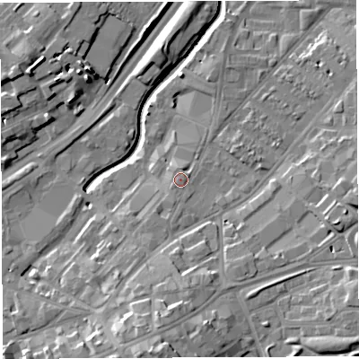 Shaded relief map of the ground around BS50BF, computed from Environment Agency LiDAR. The ground here sits at about 13 m above sea level and falls 18 m across the surrounding 800 m. Surface water reaching this point runs off ground lying to the south-south-west, 2.2 m higher.
