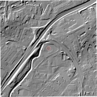 Shaded relief map of the ground around BS50ER, computed from Environment Agency LiDAR. The ground here sits at about 12 m above sea level and falls 13 m across the surrounding 800 m. Surface water reaching this point runs off ground lying to the north-north-east, 2.6 m higher.