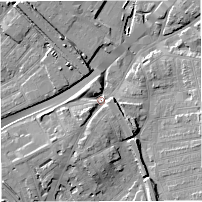 Shaded relief map of the ground around BS50NL, computed from Environment Agency LiDAR. The ground here sits at about 11 m above sea level and falls 16 m across the surrounding 800 m. Surface water reaching this point runs off ground lying to the south-west, 7.9 m higher.