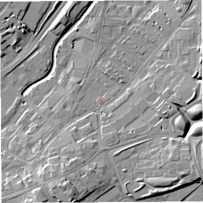 Shaded relief map of the ground around BS50QX, computed from Environment Agency LiDAR. The ground here sits at about 12 m above sea level and falls 18 m across the surrounding 800 m. Surface water reaching this point runs off ground lying to the south-south-west, 10.6 m higher.