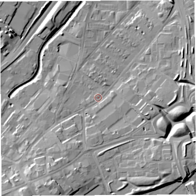 Shaded relief map of the ground around BS50QY, computed from Environment Agency LiDAR. The ground here sits at about 12 m above sea level and falls 18 m across the surrounding 800 m. Surface water reaching this point runs off ground lying to the south-south-west, 5.1 m higher.